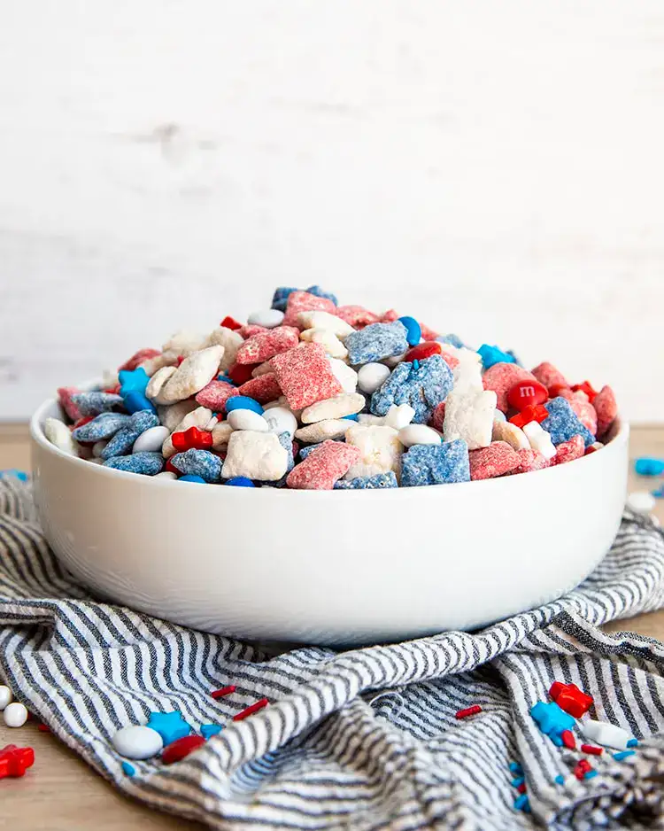 bowl of festive muddy buddies