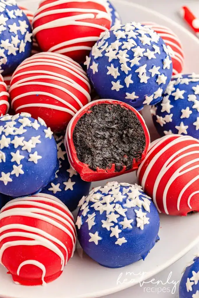 Oreo balls coated in red and blue chocolate