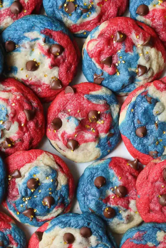 Chocolate chip cookies marbled with red and blue dough