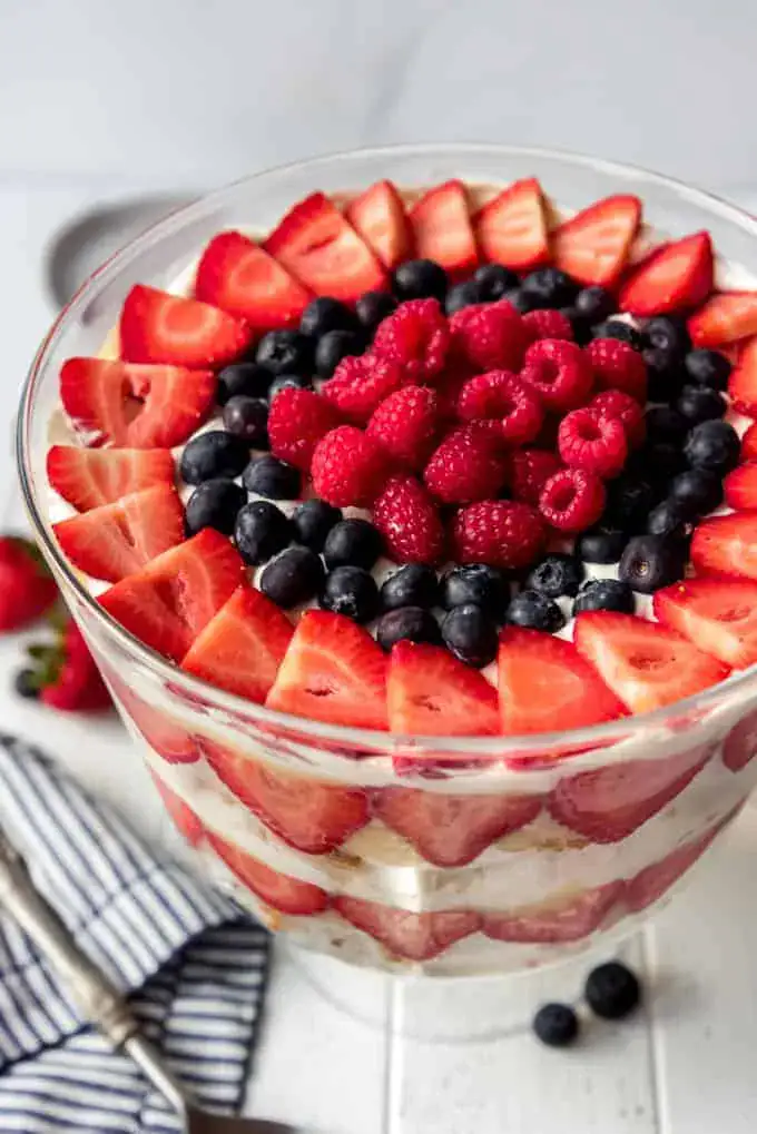 glass serving bowl with berries and cake