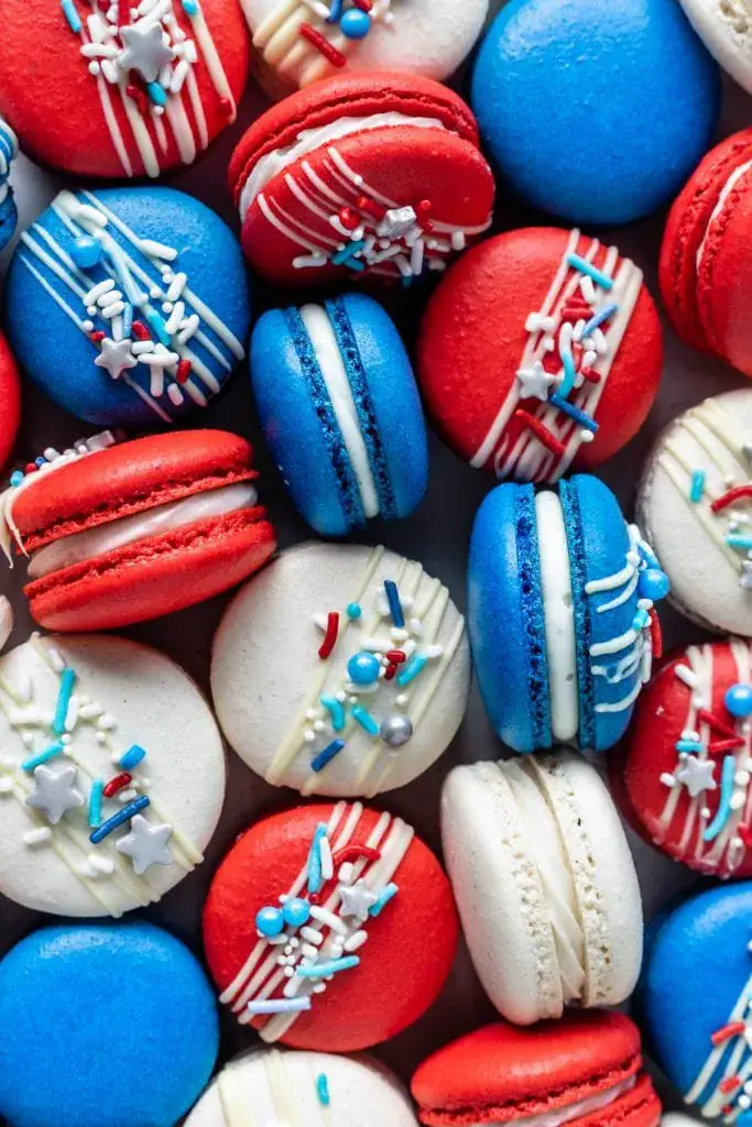 red white and blue layered macaron cookies