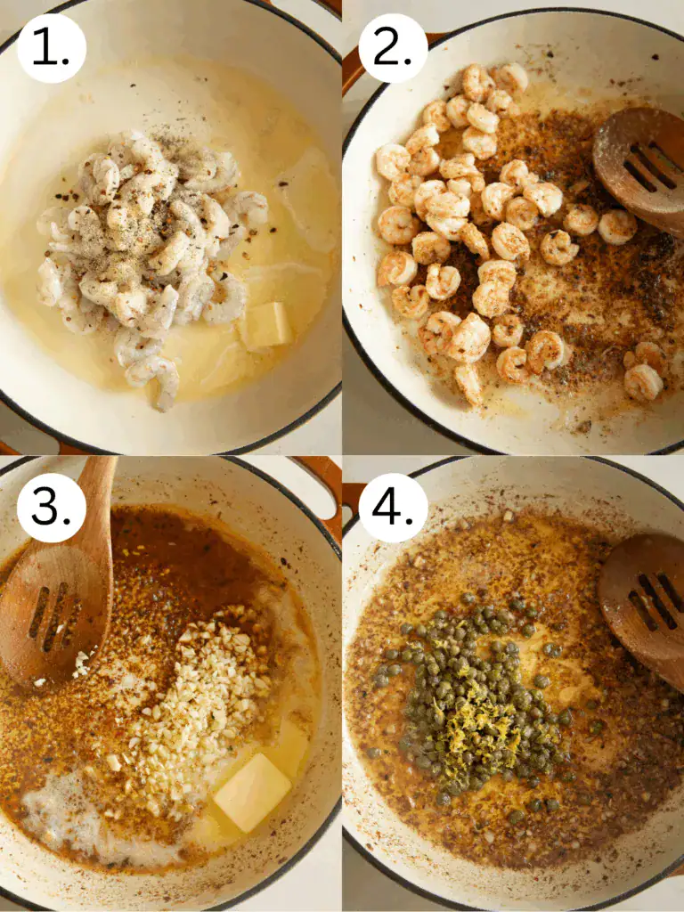 Steps 1 to 4 of cooking shrimp scampi: sautéing shrimp, garlic, capers, and lemon zest.