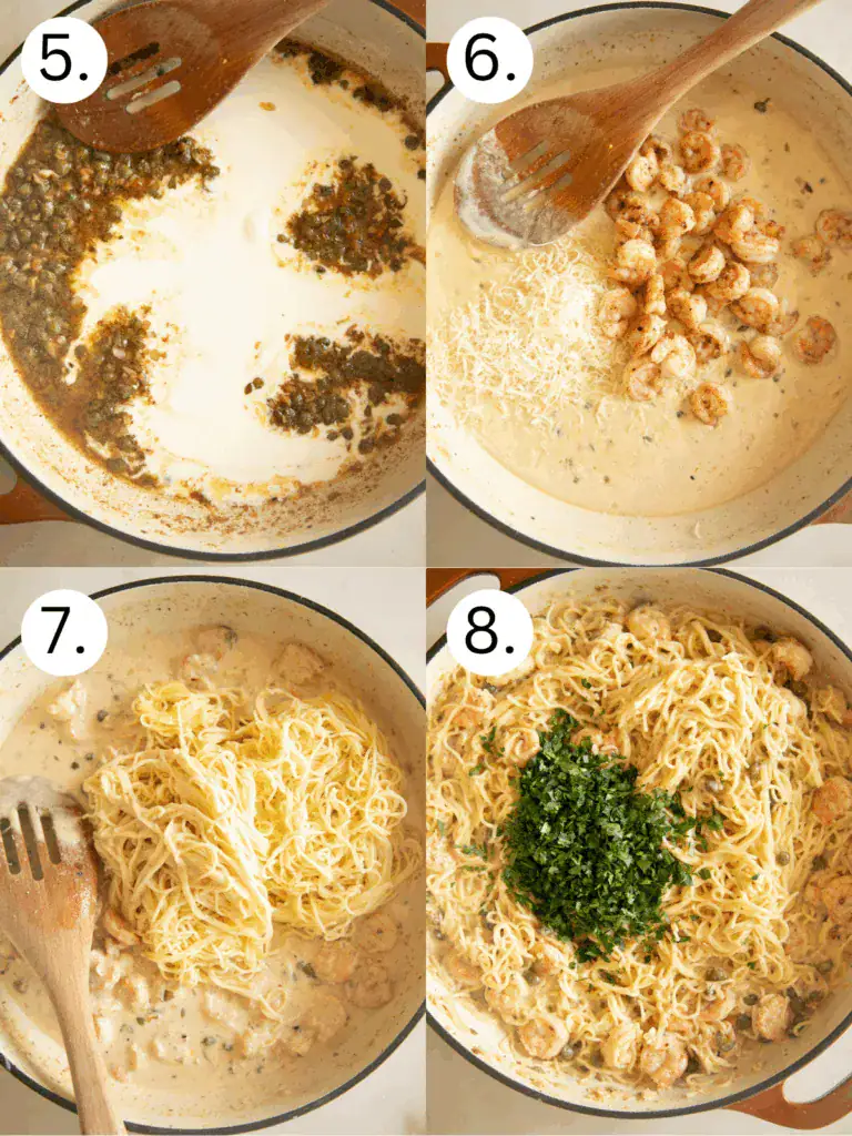 Steps 5 to 8 of making shrimp scampi: adding cream, cheese, pasta, and fresh parsley.