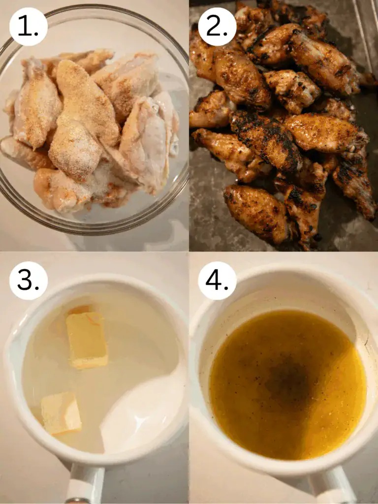 Step-by-step collage showing seasoned raw wings, grilled wings, butter melting, and pepper-infused butter sauce