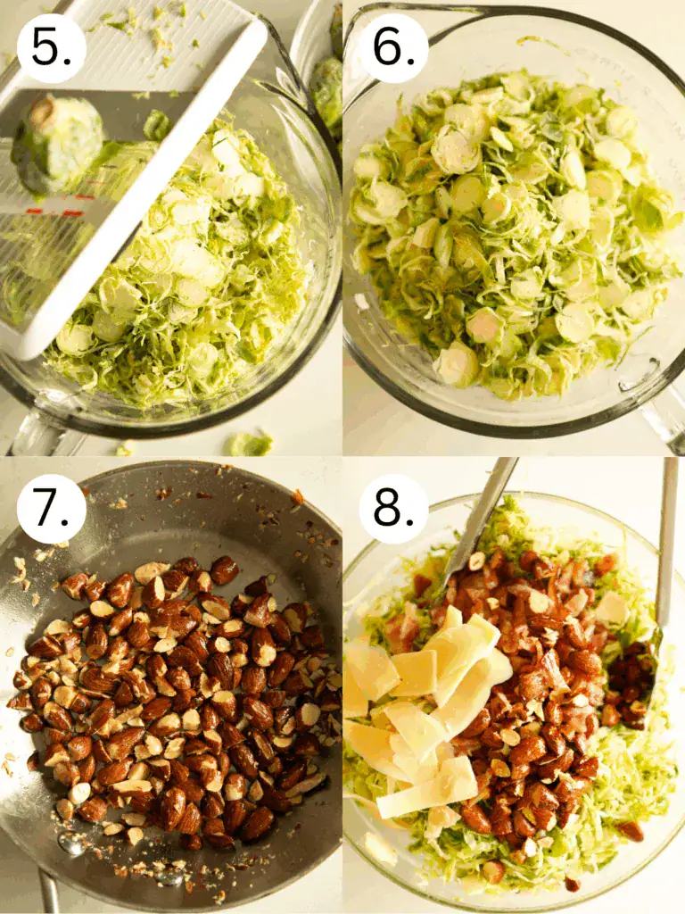 Four images showing shredded Brussels sprouts, toasted almonds, and the salad being assembled with bacon, almonds, and parmesan.