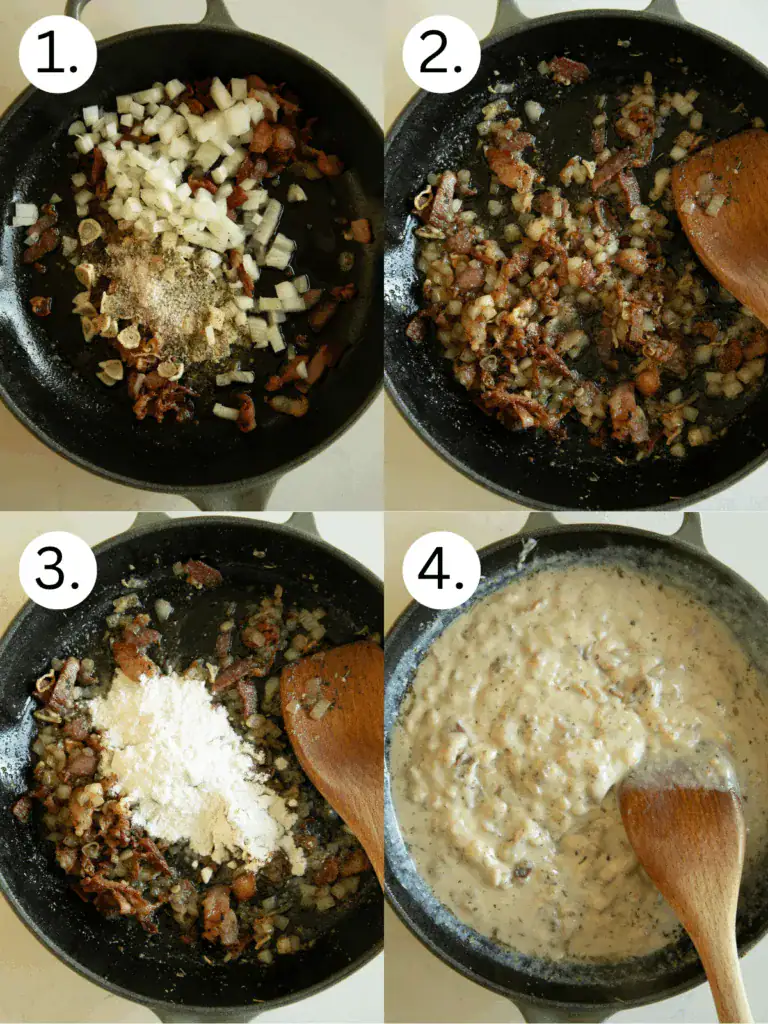 Collage showing steps to cook onions, garlic, bacon, seasonings, flour, and broth in a skillet for creamy Alfredo base.