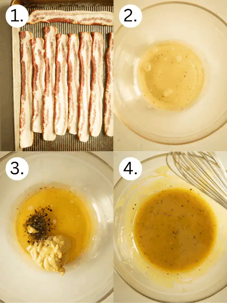 Four-panel image showing how to make bacon vinaigrette: cooked bacon, reserved bacon fat, mustard and pepper added, and finished vinaigrette whisked together.