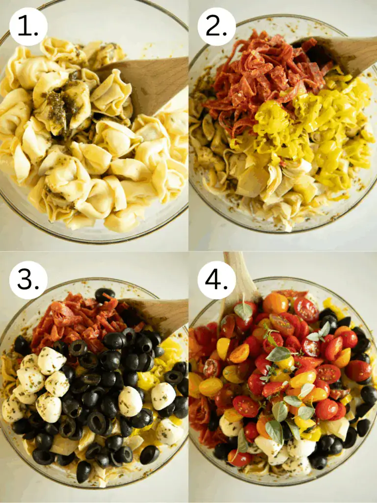 Four-step collage showing how to make tortellini antipasto salad: mixing tortellini with pesto, adding salami and artichokes, olives and mozzarella, and finishing with tomatoes and herbs.