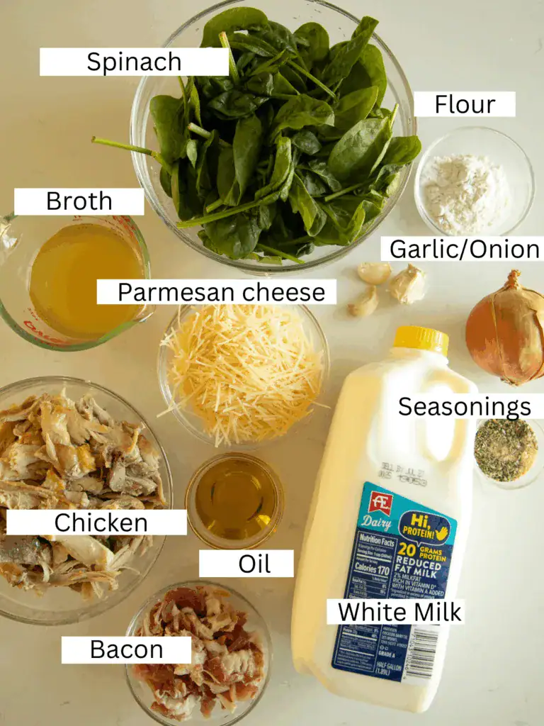 Overhead view of labeled ingredients for chicken Alfredo pot pie, including spinach, bacon, milk, broth, Parmesan, garlic, onion, and flour.