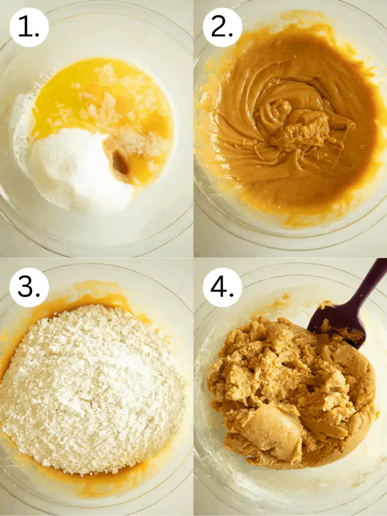 Step-by-step visuals of peanut butter cookie dough being rolled, pressed, and baked into thick, soft cookies
