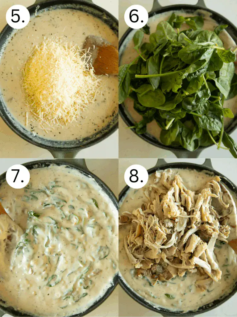 Step-by-step images of adding Parmesan, fresh spinach, and shredded chicken to Alfredo sauce in skillet.