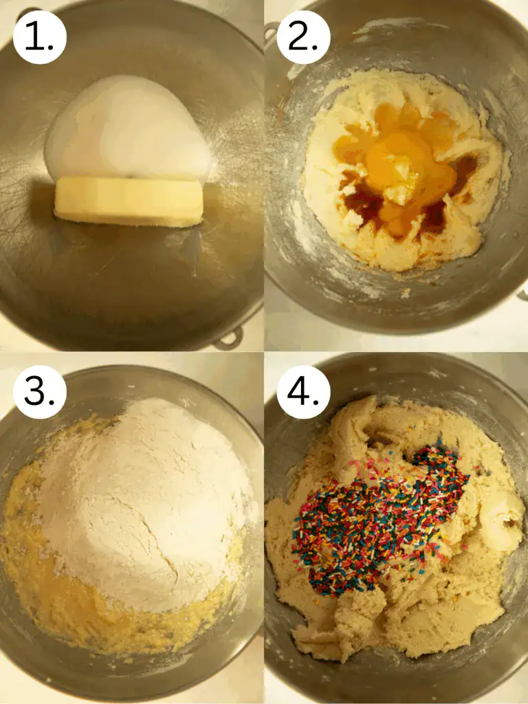 Step-by-step images of funfetti shortbread cookie dough being mixed with sugar, eggs, flour, and sprinkles.