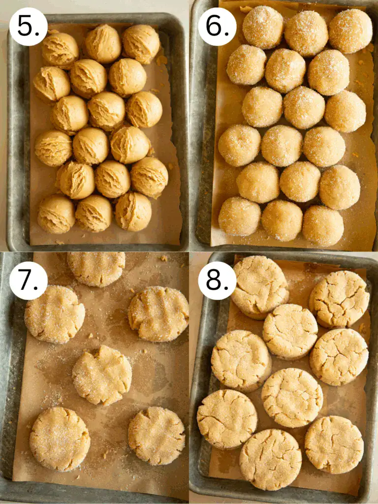 Four-step photo collage showing how to mix and prepare peanut butter cookie dough from wet ingredients to a finished dough
