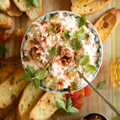 Bowl of creamy BLT dip topped with crispy bacon and fresh herbs, surrounded by toasted baguette slices