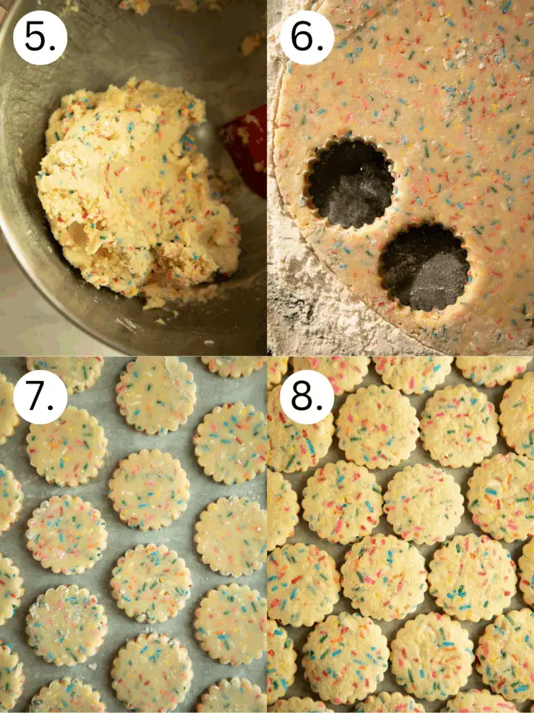 Visual steps showing dough in the bowl, rolled out and cut into scalloped circles, then baked on a sheet tray.