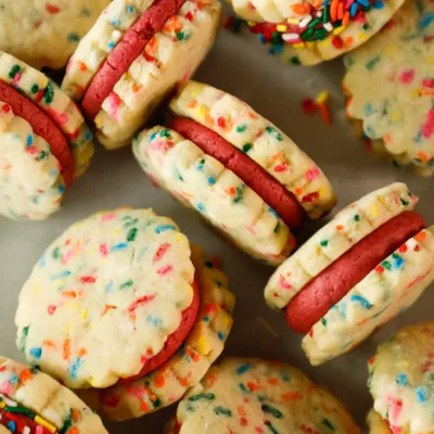 Colorful funfetti shortbread sandwich cookies with piped pink frosting, arranged on parchment.