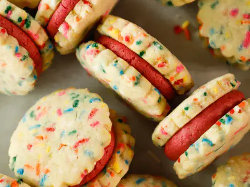 Colorful funfetti shortbread sandwich cookies with piped pink frosting, arranged on parchment.