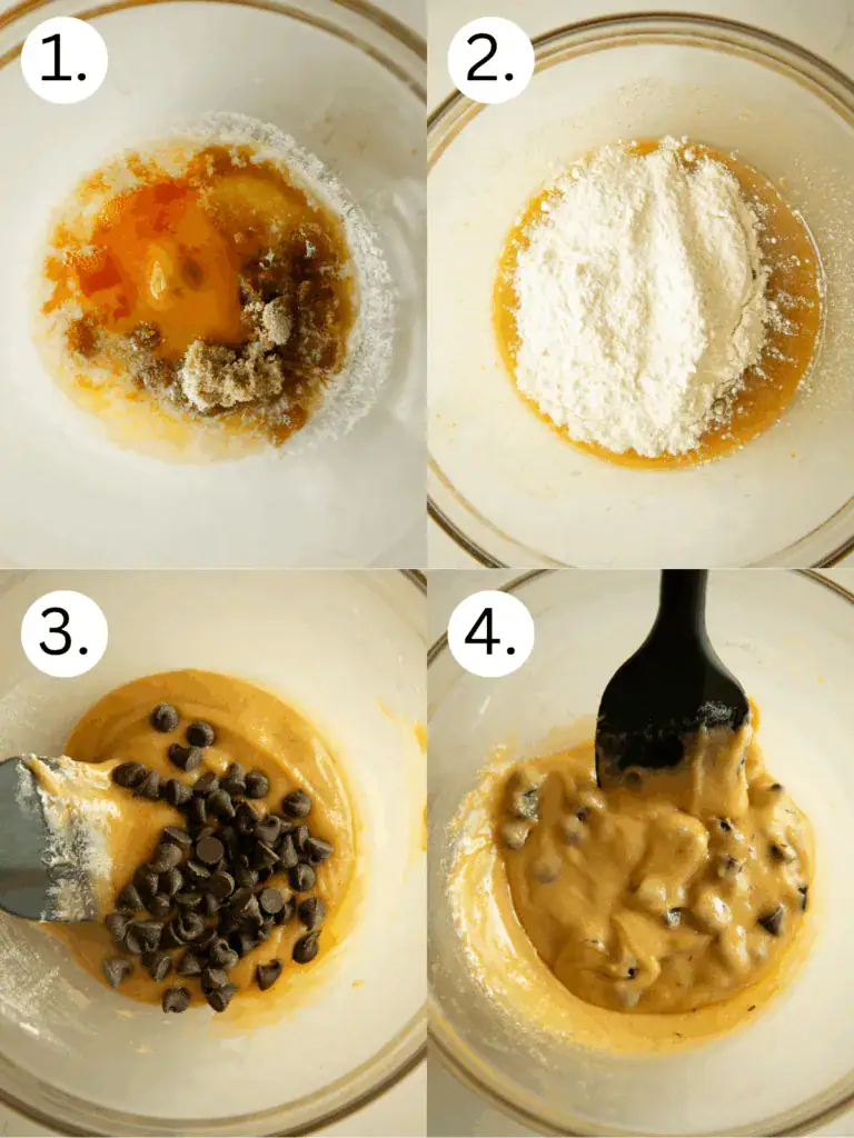 Wet ingredients being mixed for cookie dough in a clear glass bowl.