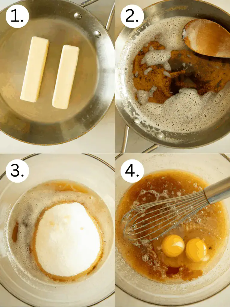 Butter just browned in a skillet, foamy with golden specks for brown butter funfetti cookies