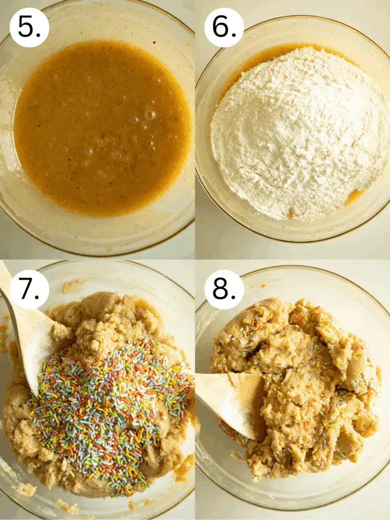 Fully whisked wet ingredients for brown butter funfetti cookies