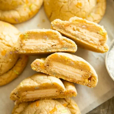 Brown butter funfetti cookies broken in half to reveal Golden Oreo filling inside