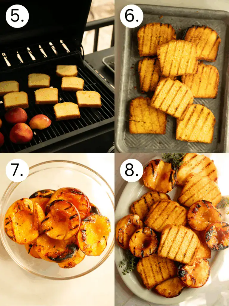 Pound cake slices and halved peaches grilling on a barbecue; finished with golden grill marks.