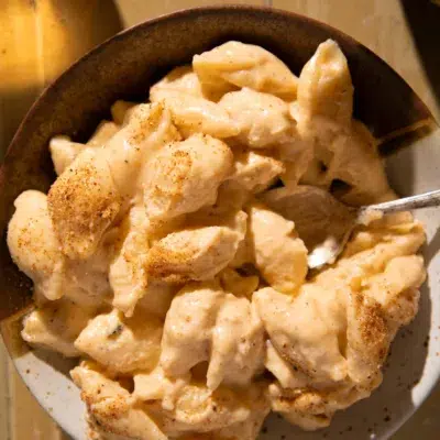 Serving of creamy shells and cheese in a rustic bowl with a spoon, topped with paprika.