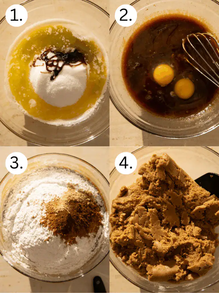 Four-step process for making chewy ginger cookies: combining butter, sugar, and molasses, adding eggs, mixing in flour and spices, and showing finished dough.