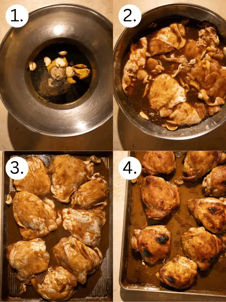 Process collage showing honey balsamic marinade, chicken marinating, chicken arranged on sheet pan, and roasted chicken thighs fresh from the oven.