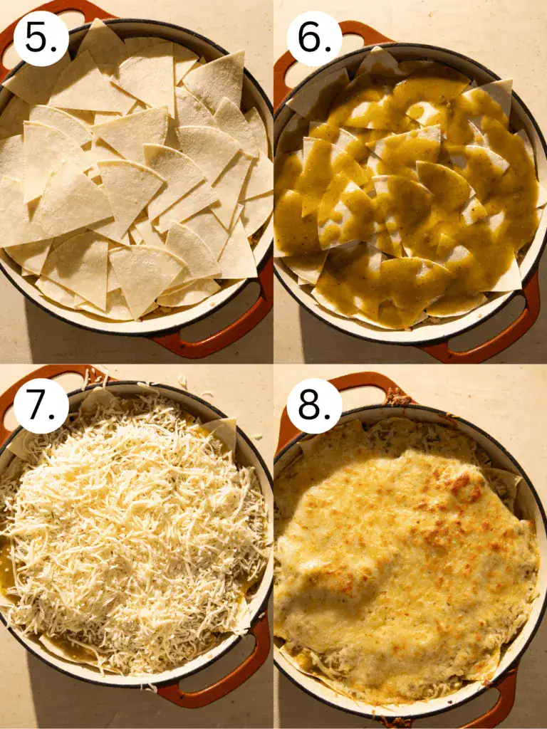 Step-by-step process of layering tortillas, green enchilada sauce, and shredded cheese, followed by baked golden cheesy enchiladas in a skillet.