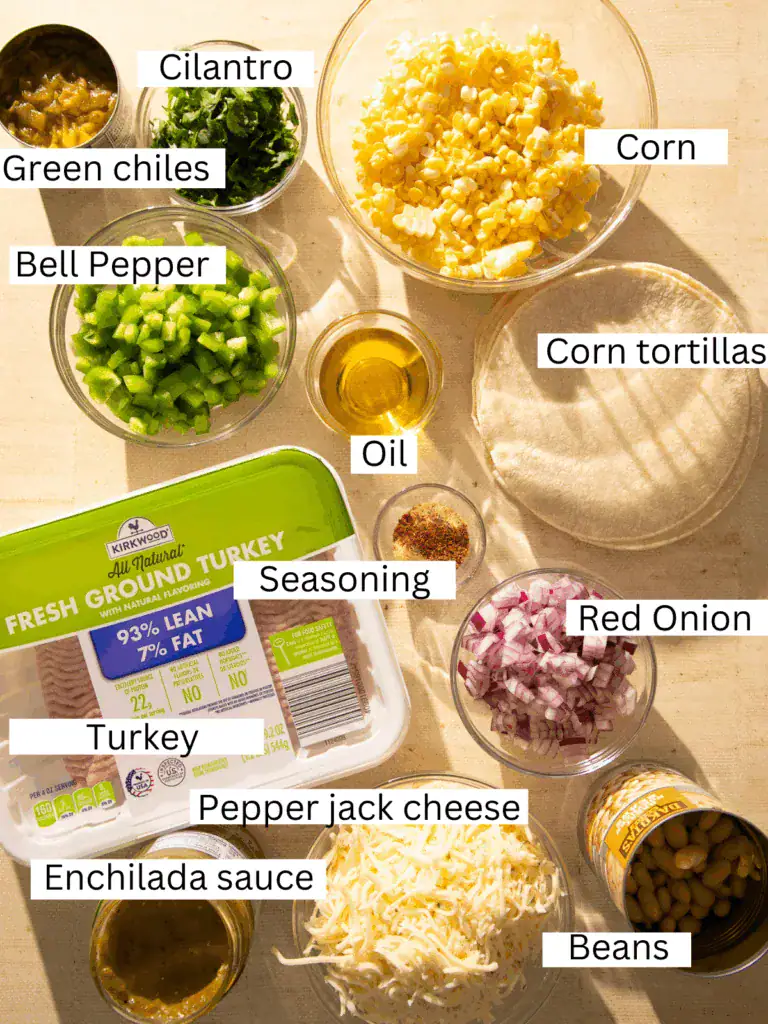 Labeled flat lay of ingredients for green chile enchilada skillet, including ground turkey, corn, green chiles, red onion, bell pepper, beans, cheese, tortillas, and seasoning.