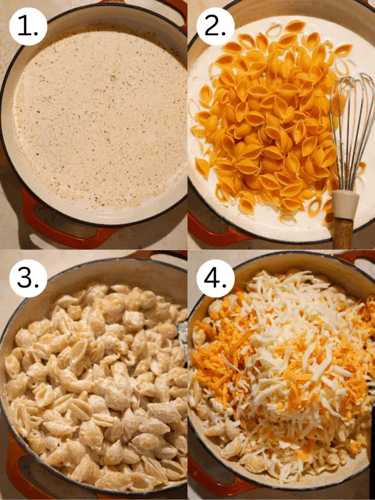 Process photos showing milk and broth seasoned in a pot, pasta shells added, cooked until tender, and shredded cheese stirred in.