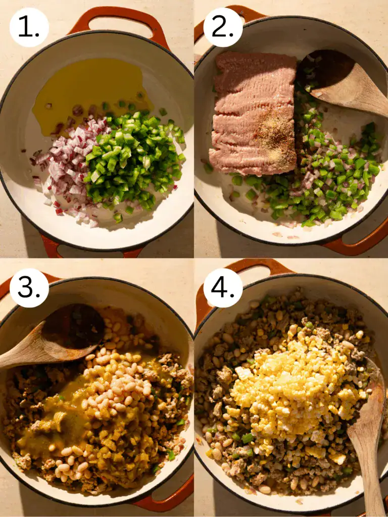 Step-by-step cooking images showing sautéing onion and peppers, browning turkey, and adding beans, green chiles, and corn to the skillet.