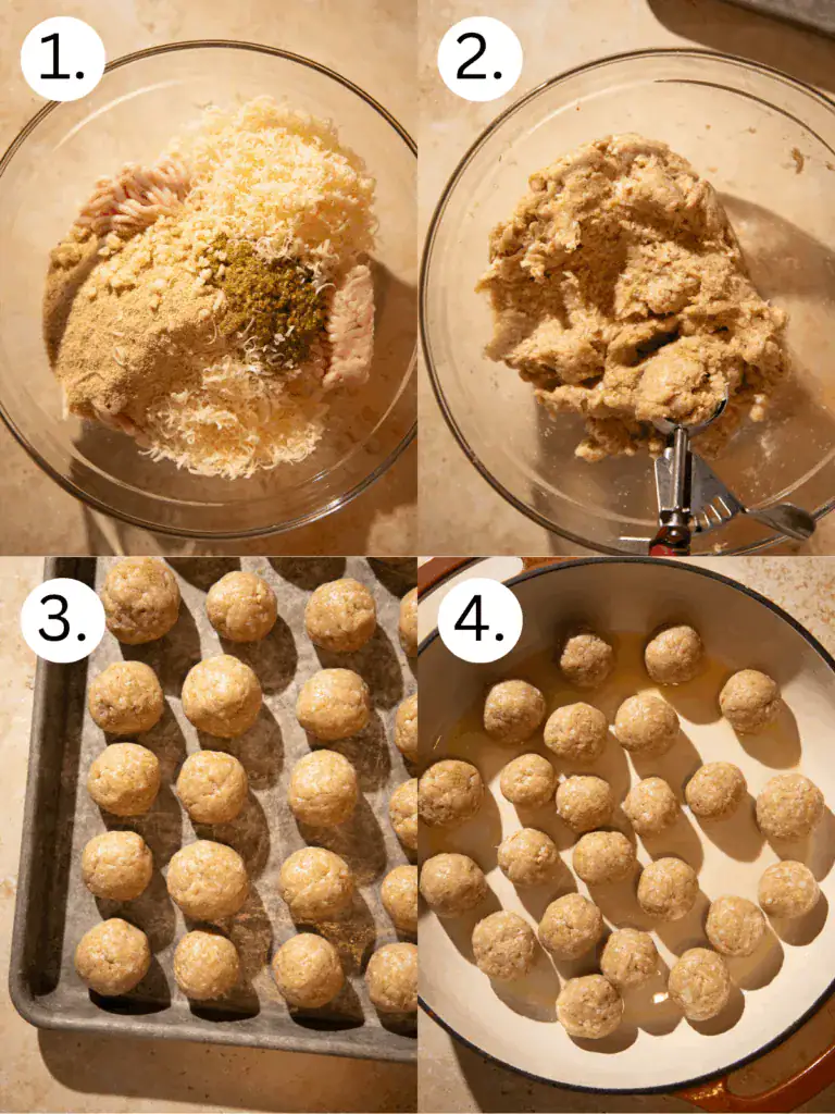 Step-by-step process of making chicken meatballs with parmesan, breadcrumbs, pesto, and seasonings before cooking.