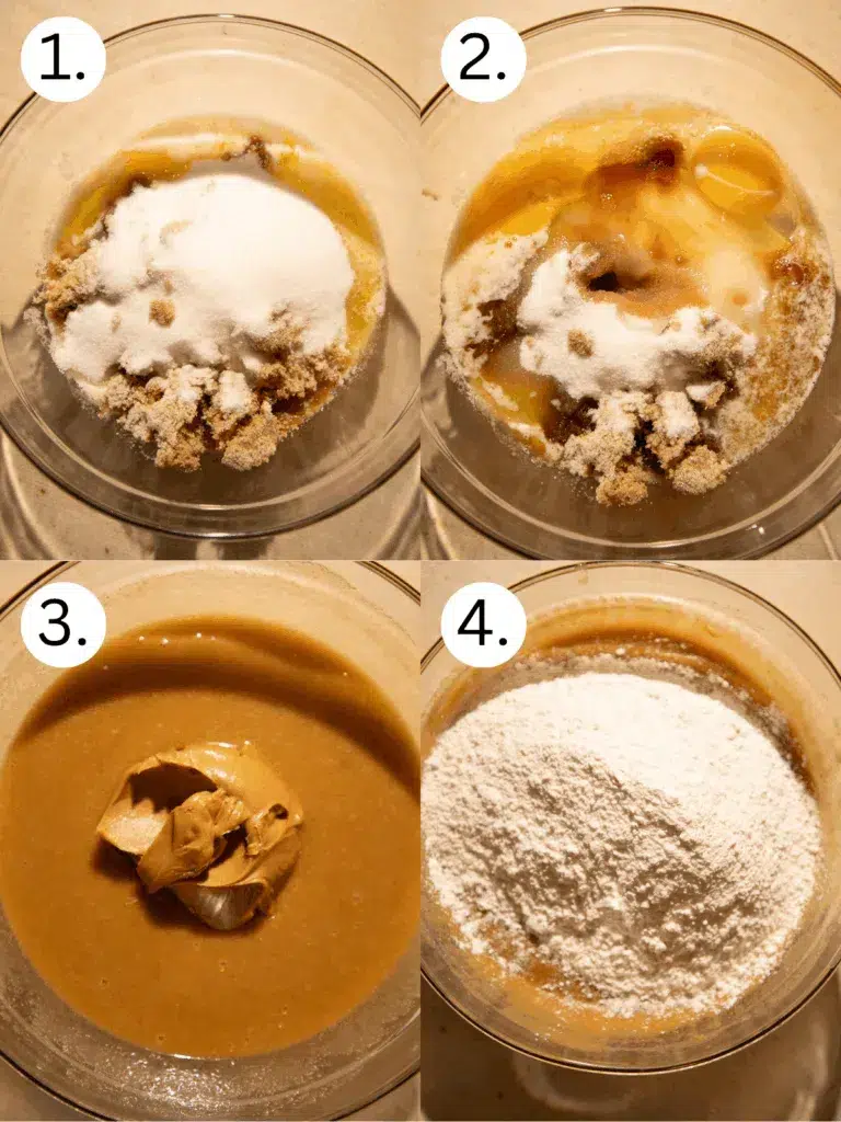 Mixing sugars, eggs, vanilla, and butter together for Halloween Monster Cookie Bars, then blending in peanut butter and flour.