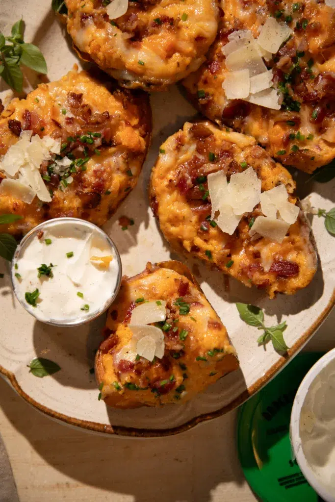 Platter with sweet potatoes topped with chives