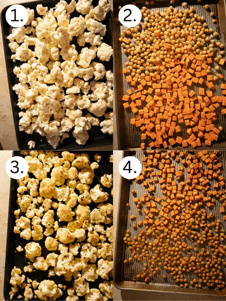 Sheet pan with seasoned cauliflower florets and diced sweet potatoes ready to roast.