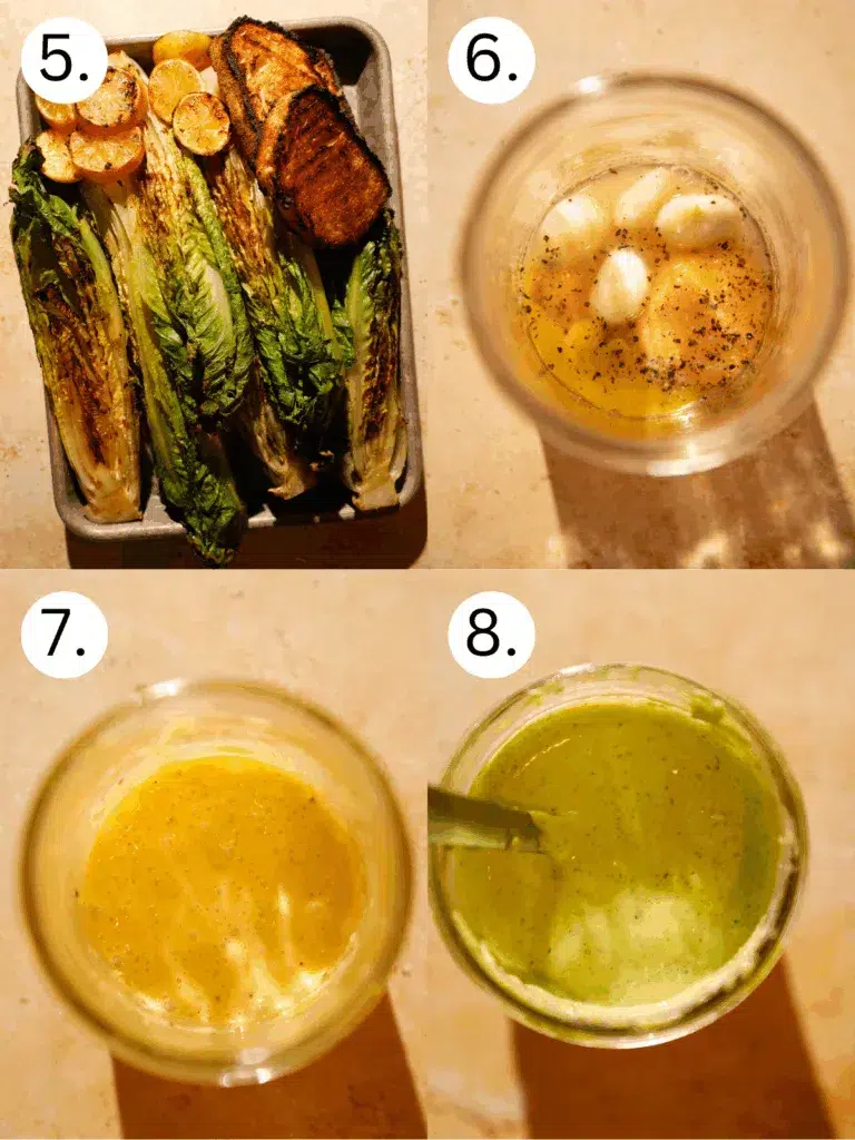 Fresh romaine hearts, halved lemons, and slices of sourdough bread on a sheet pan ready for grilling.