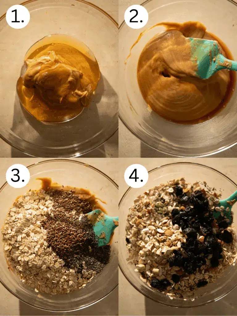 Four-step process for making no-bake breakfast cookies, including mixing peanut butter and honey, adding oats and seeds, and folding in dried cherries and nuts.