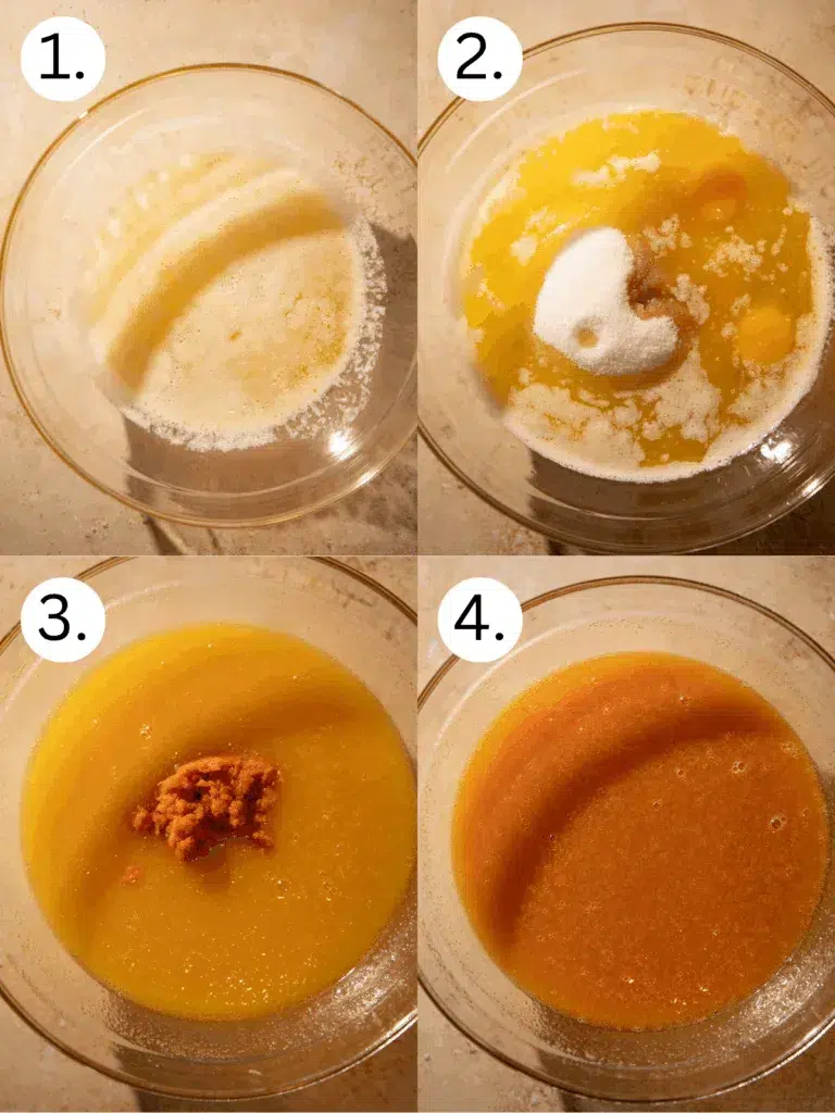 Step-by-step collage showing melted butter mixed with sugar and eggs, pumpkin puree added, and wet ingredients blended smooth for chai pumpkin snickerdoodles.