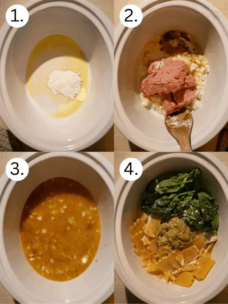 Step-by-step collage for slow cooker white lasagna soup showing butter and flour, ground turkey with onions, chicken broth, and adding spinach, noodles, and pesto.