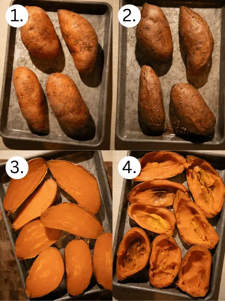 Step-by-step collage showing whole baked sweet potatoes, halved potatoes, and scooped potato shells for making twice baked sweet potatoes.