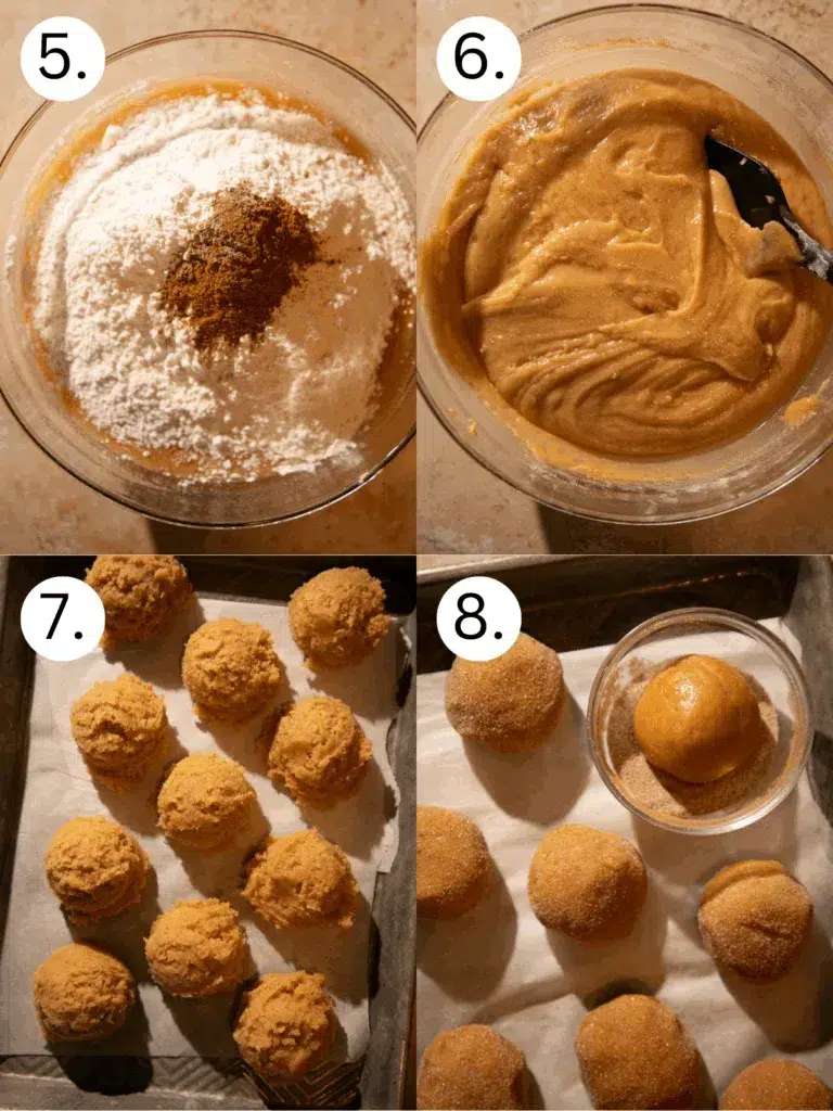 Step-by-step collage showing flour and spices added to wet mixture, dough mixed smooth, scooped onto tray, and rolled in cinnamon sugar for pumpkin snickerdoodles.