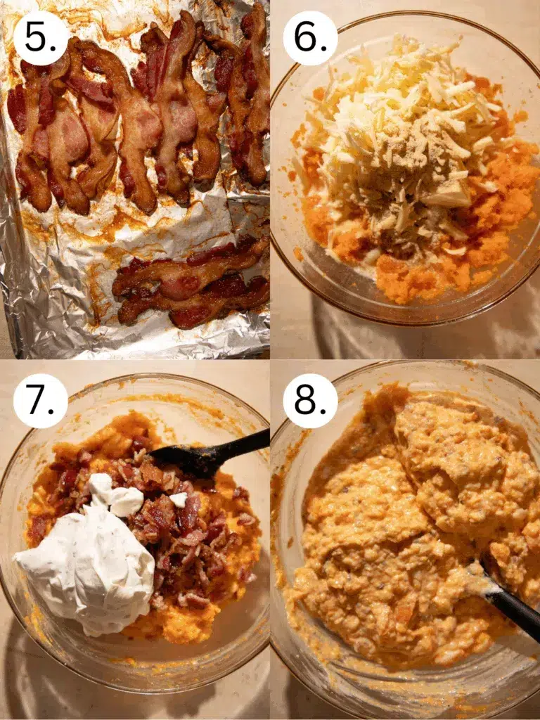 Step-by-step collage showing cooked bacon, mashed sweet potatoes with white cheddar, sour cream dip, and bacon stirred into the filling.