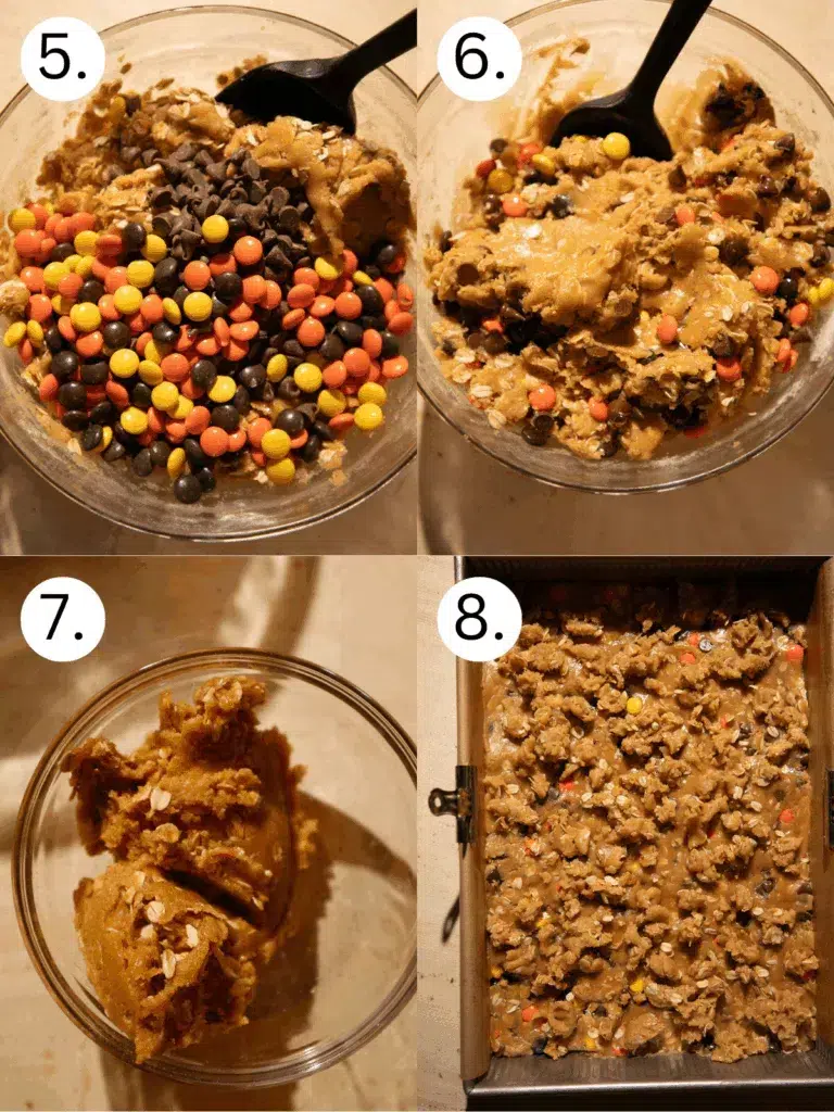 Folding Reese’s Pieces and chocolate chips into monster cookie dough for Halloween bars.