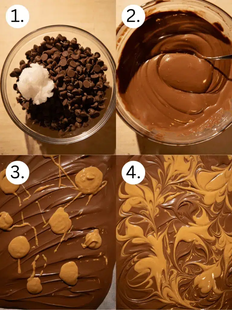 Melting chocolate chips with coconut oil, then spreading on a pan and swirling with peanut butter