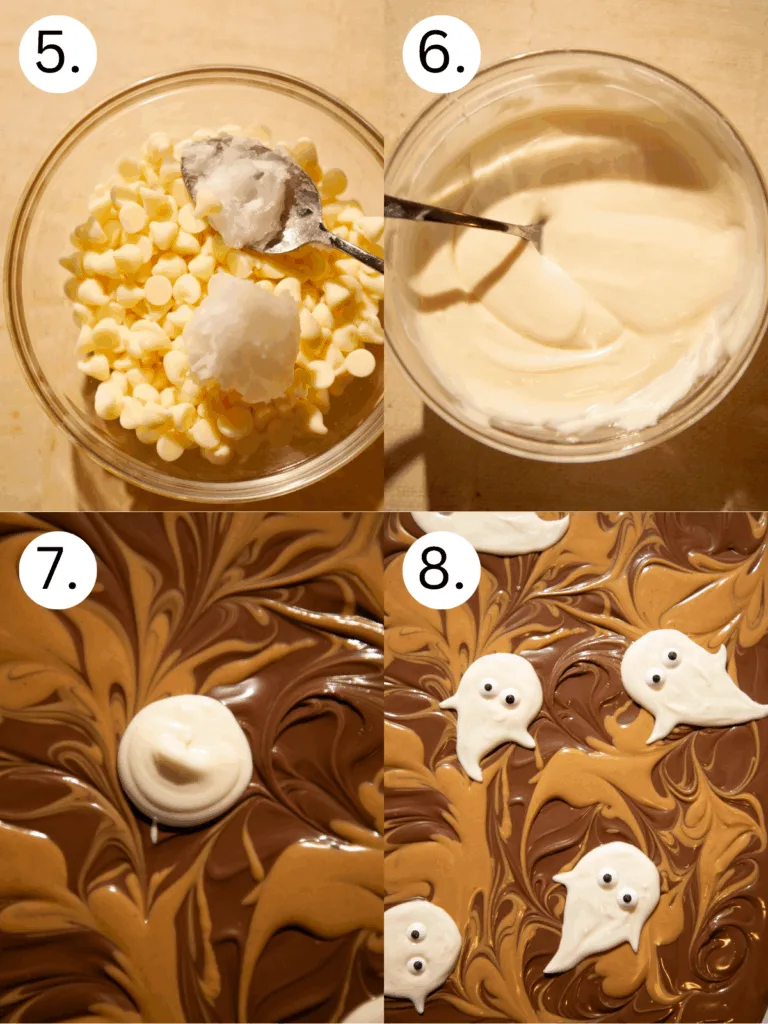 Melting white chocolate chips with coconut oil for making ghost shapes on the bark.