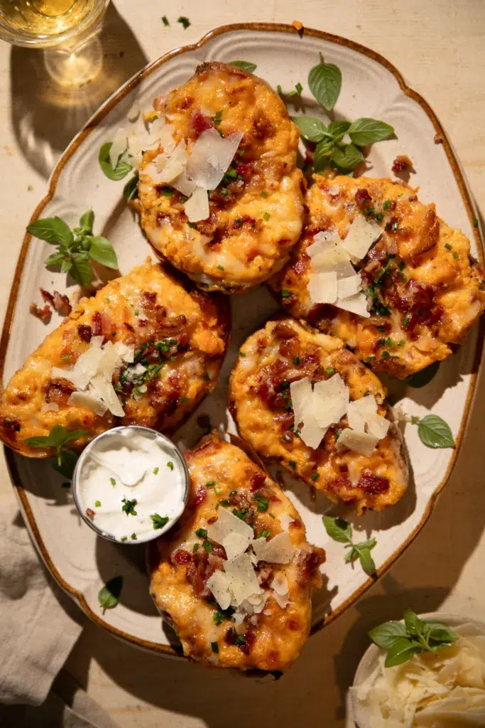 Cheesy twice baked sweet potatoes with smoky bacon and fresh chives.
