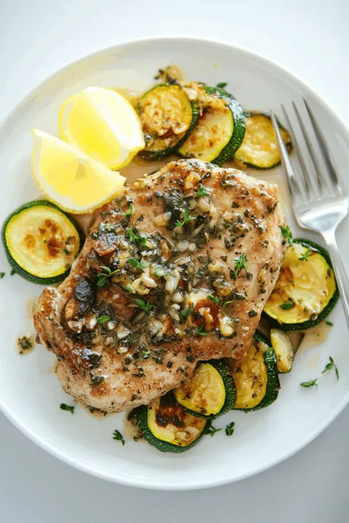bowl with pork chops and zucchini coins