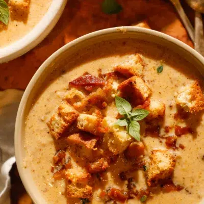 One large bowl of cauliflower chowder with bacon and croutons